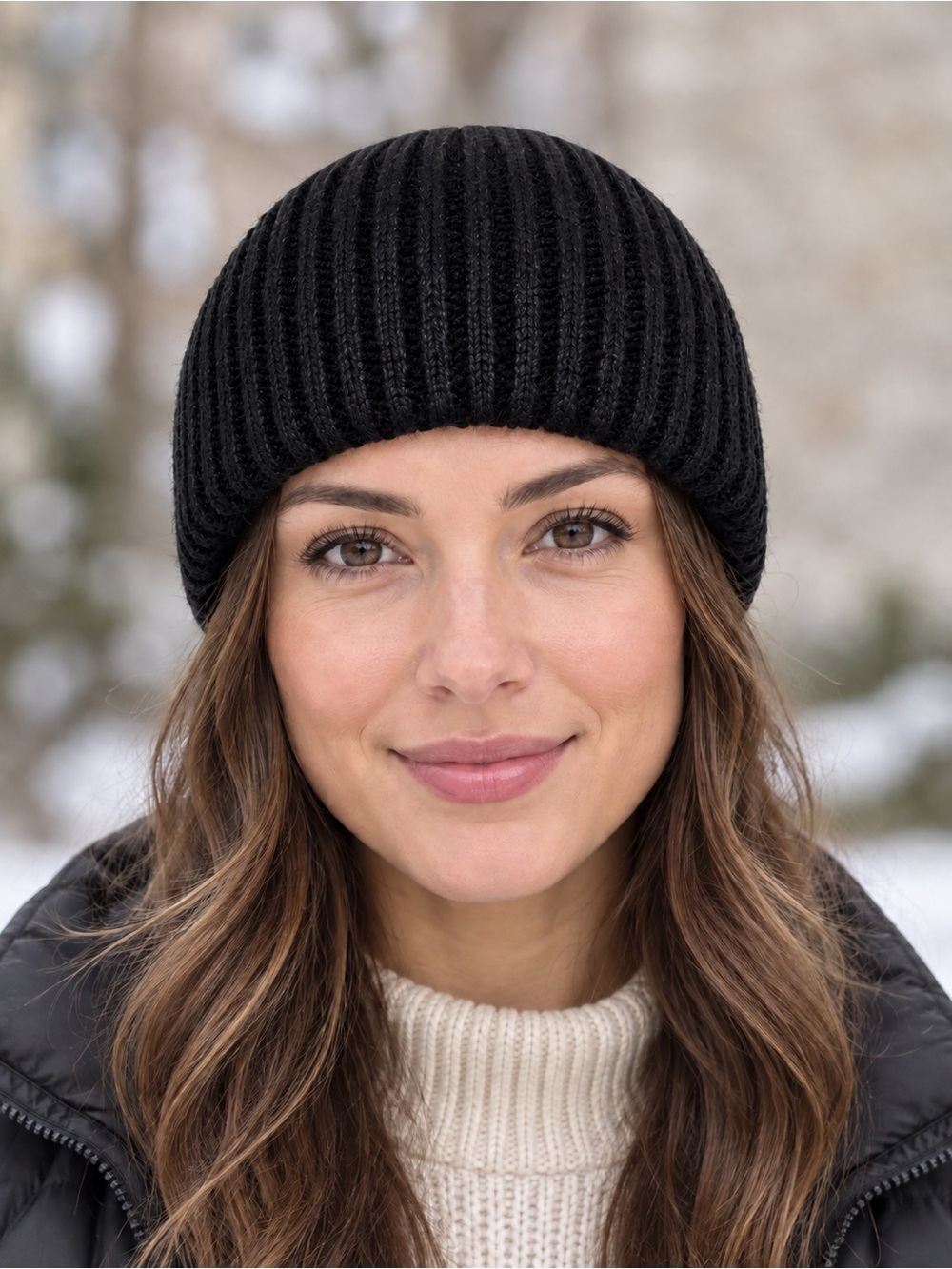 Anna & Ava Black Ribbed Knit Fitted Beanie Hat One Size New